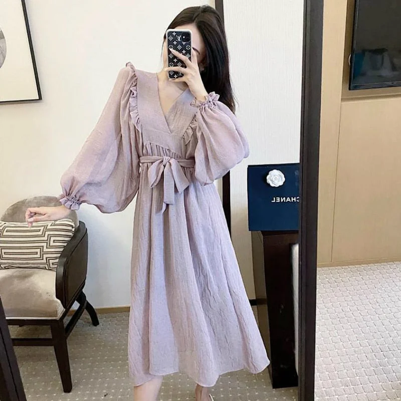 Wjczt Long Puff Sleeve Dress Women V-neck Bow Purple Dresses Chiffon Spring Females Pleated French Sweet BF Korean Style Fashionable Tunics Denim casual