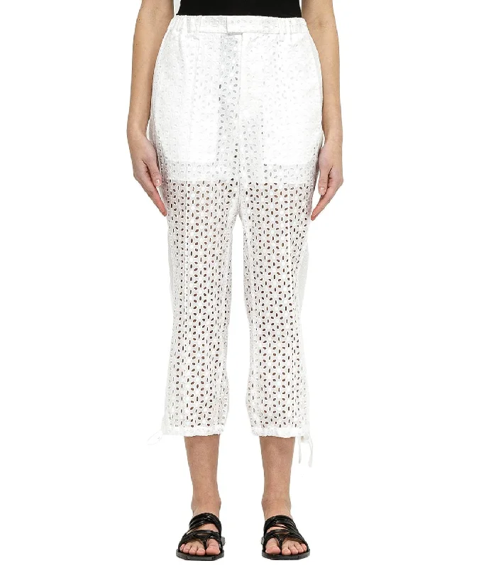 White Floral Eyelet Pants Cozy Full-Length Pants