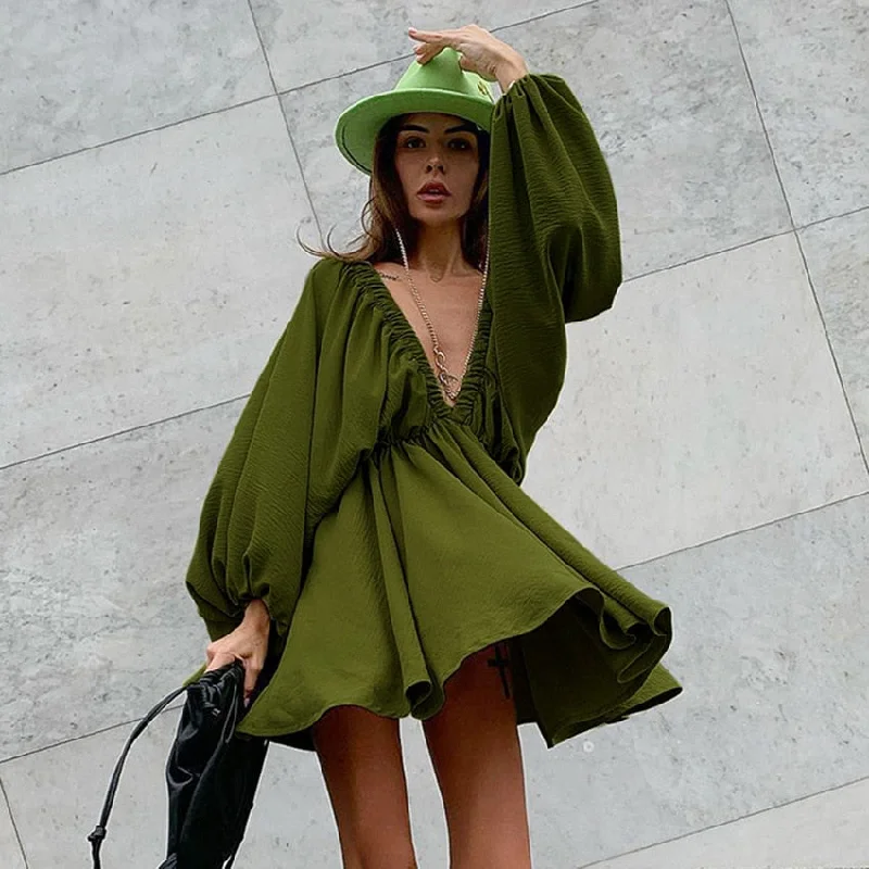 Wjczt Office Sexy Low Cut Pleated Dresses Backless Lantern Sleeve 2024 Summer Dress Woman V-Neck High Waist Casual A-Line Green Dress Boat Neckline Classic