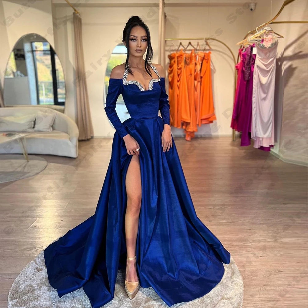 Wjczt Gorgeous Royal Blue Women's Evening Dresses A-Line Satin Sexy Side Split Princess Prom Gowns Fashion Celebrity Party Vestidos De Tunics Party sparkling