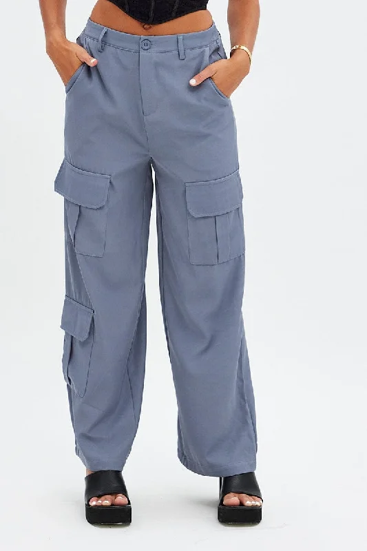 Grey Wide Leg Pants Cargo Pockets Cozy Jogger Leggings