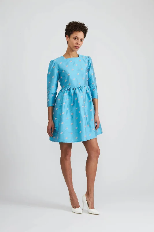 Square Neck Mini Prairie Dress in Turquoise Taffeta with Embroidered Lips Tunics Review highly