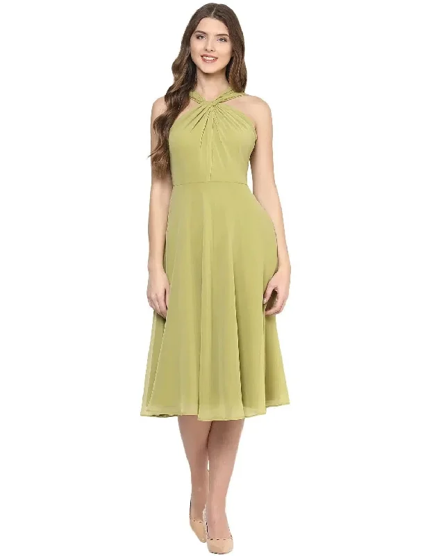 Green Coloured Solid Skater Dress in Olive Green Tunics Handmade artisanal