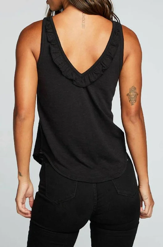 Slub Jersey Deep Ruffle V Back Tank In True Black spandex blend tank