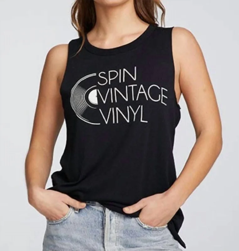 Spin Vintage Vinyl Muscle Tank In True Black rhinestone tank top