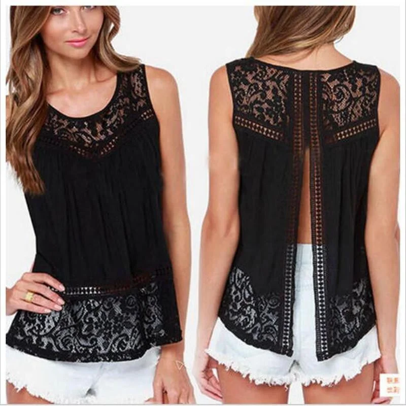 Women's Clothing Black Tops & Tees Tanks & Camis Fashion Vest Top Sleeveless Casual Hollow Out Lace Tank Tops Plus Size glitter tank top