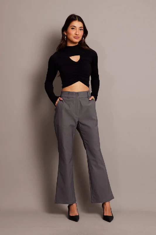 Grey Slim Pants High Rise Stylish Paperbag Waist Pants