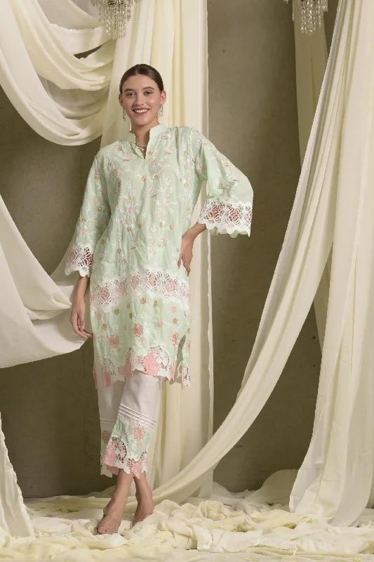 Myra Mesh Floral Lace Kurta With Pants Elegant Palazzo Trousers