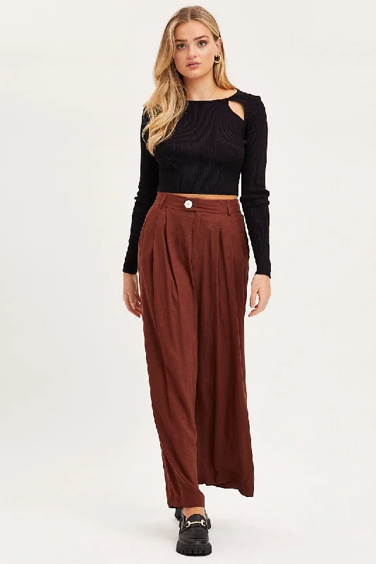 Brown Wide Leg Pants High Rise Relaxed High-Waist Trousers