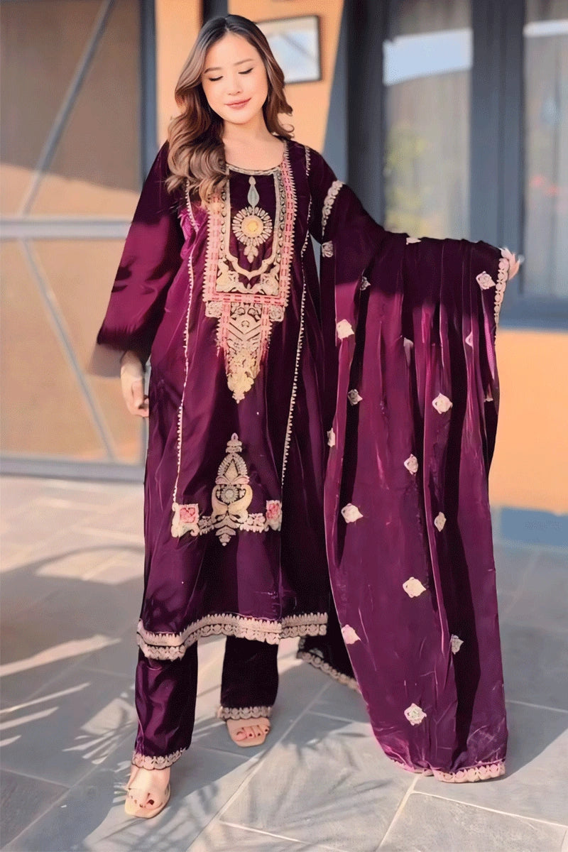 Embroidery Work Purple Color Velvet Dress For Lohri Tunics Fashionable trendy