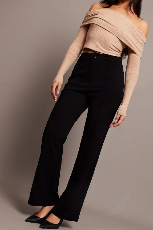 Black Straight Fit Pants High Rise Workwear Casual Yoga Pants