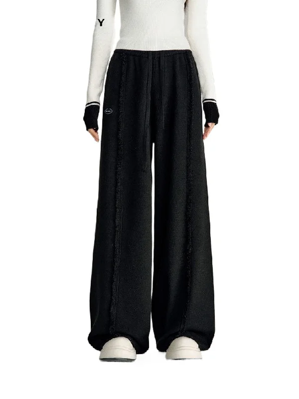 Frayed Hem Knitted Wide-leg Pants Chic Black Leggings