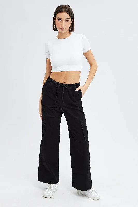 Black Cargo Pants Wide Leg Elegant High-Waist Pants