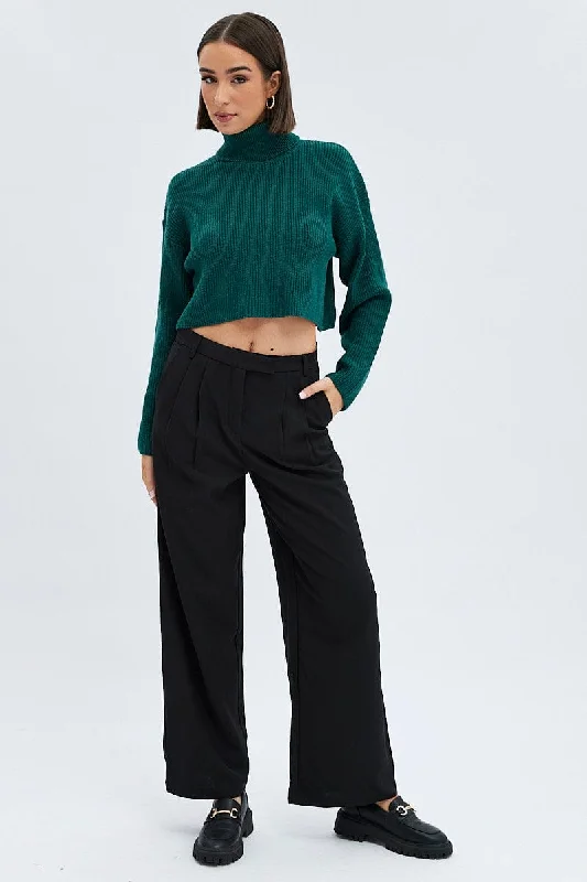 Black Wide Leg Pants Turn Down Waist Low Rise Classic Cropped Pants