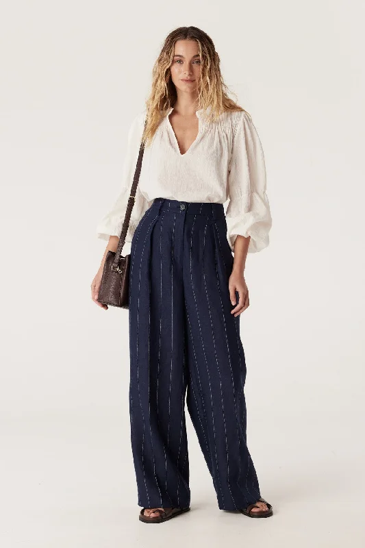 Freya Linen Pant - Navy Stripe Comfy Cargo Trousers