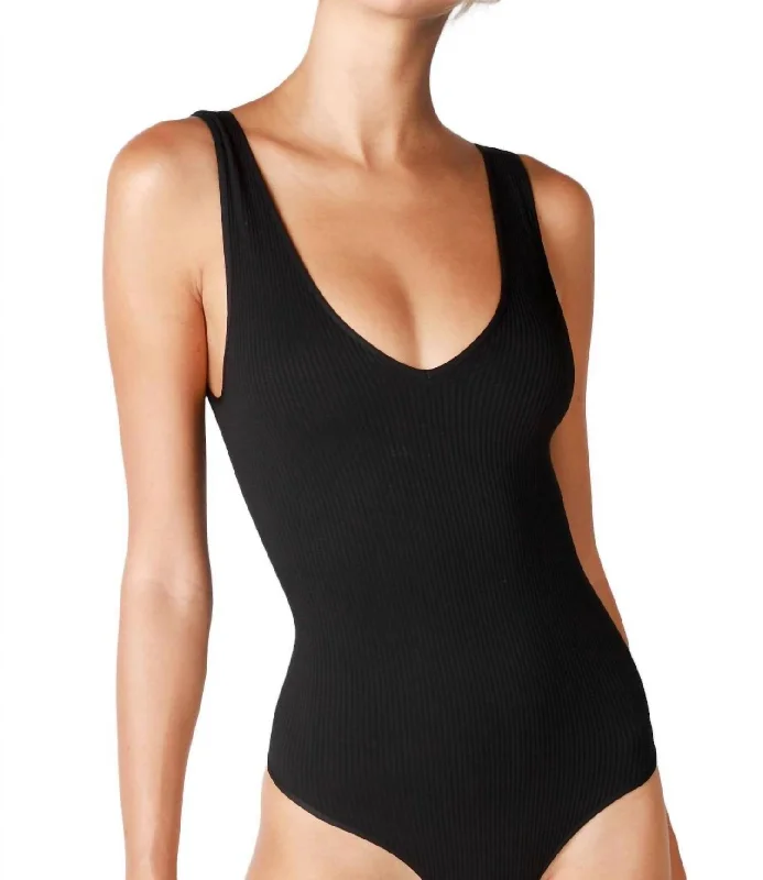 Ribbed V Neck Tank Bodysuit In Black stylish tank top