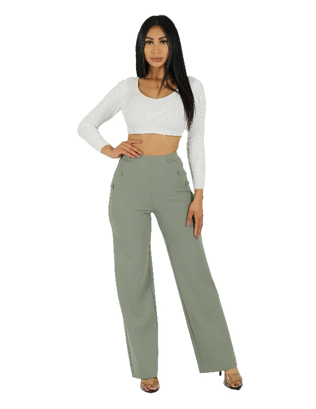 So Chic Knit Crepe 4 Hole Buttons High Rise Wide Leg Pant Modern Bootcut Pants