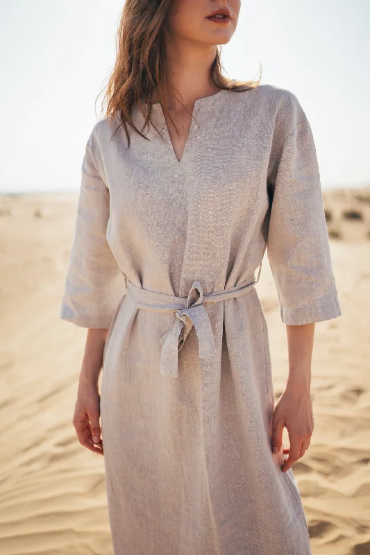 Aria Straight Belted Midi Linen Dress Tunics Leisure comfortable