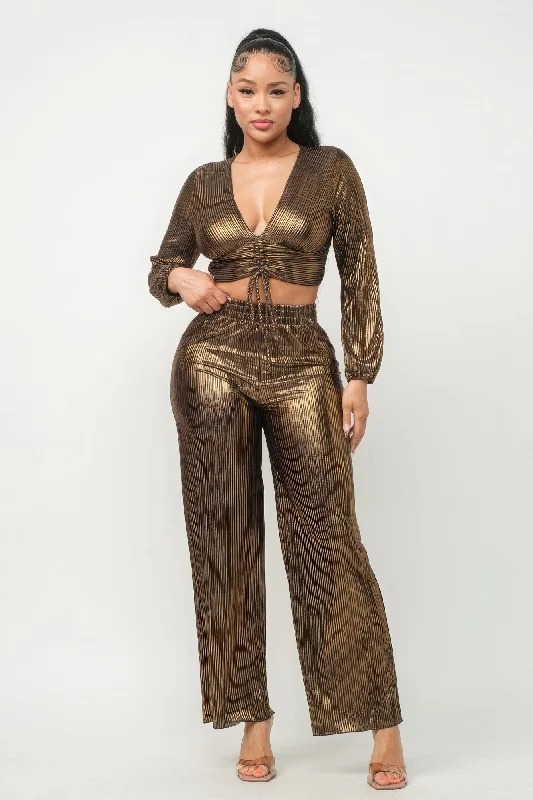 Foil Plisse Tunnel Shirring Top And Pants Set Elegant High-Waist Pants