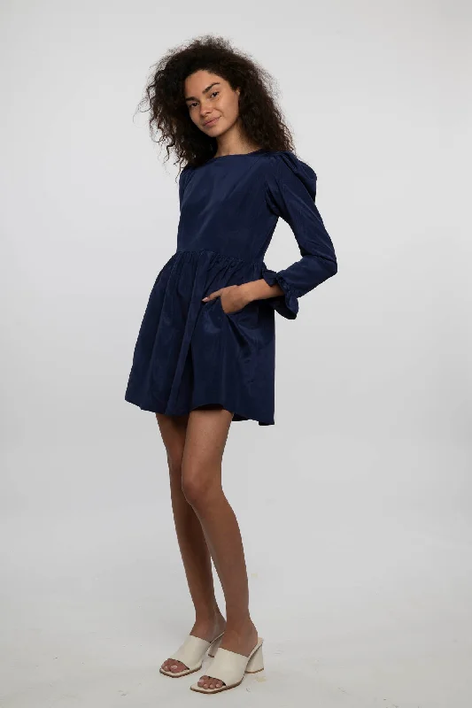 Square Neck Mini Prairie Dress in Navy Moiré Tunics Fleece cozy