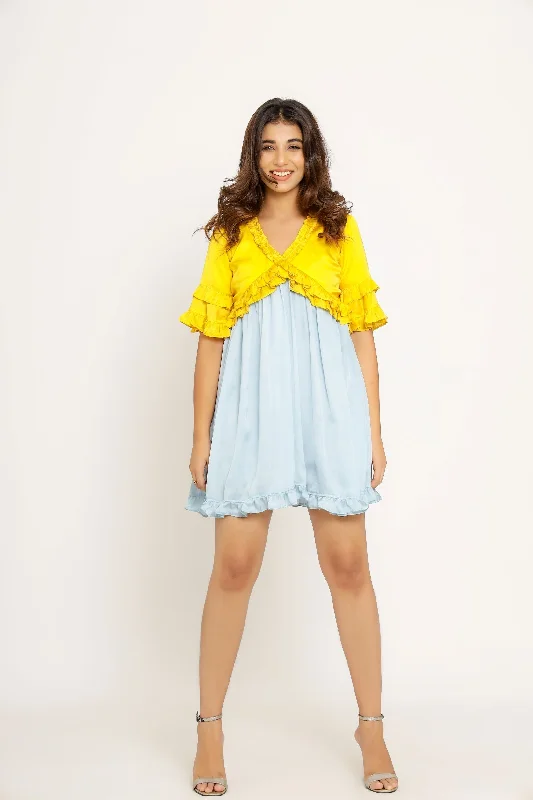 Yellow Ice Blue Frill Dress Tunics Business professional