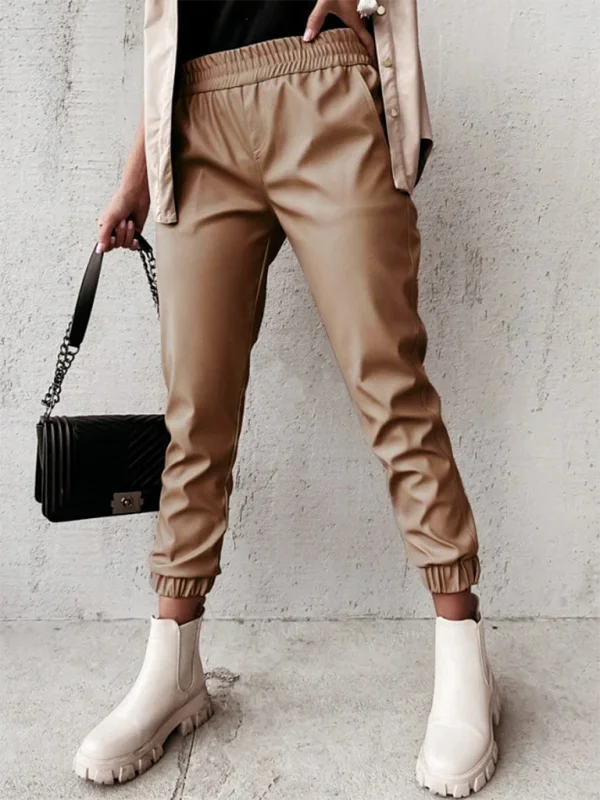 Women's Fashion Mid Waist Casual Leather Pants Classic Flared Pants