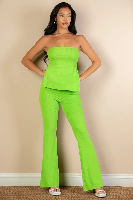 Textured Bandeau Top with Side Slit & Flared Pants Ensemble Stylish Elastic Waist Pants