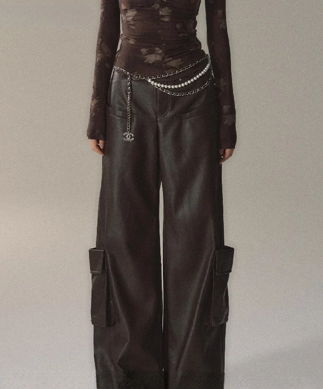 Brown & Black Rivet Wide-Leg Leather Pants Comfortable Denim Pants