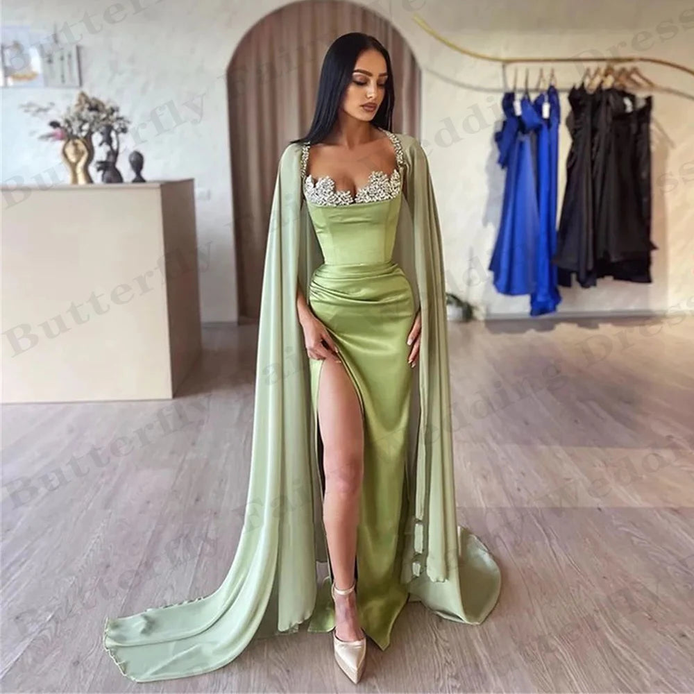 Wjczt Gorgeous Satin Evening Dresses Exquisite Beading Party A-Line Sweetheart Square Collar High Split Fashion Mopping Prom Gown 2024 Tunics Office stylish