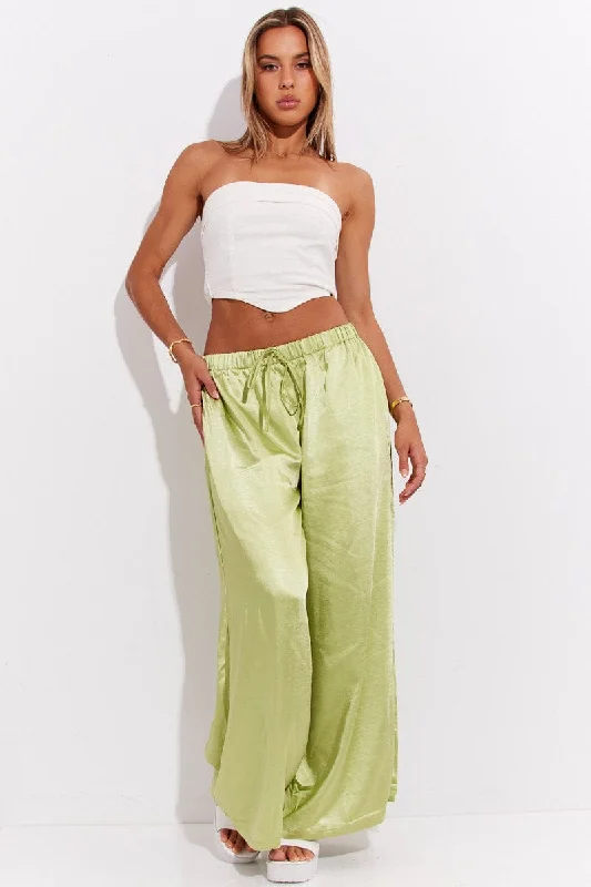 Green Pant High Elastic Waist Tie Front Wide Leg Satin Fashionable Jogger Pants