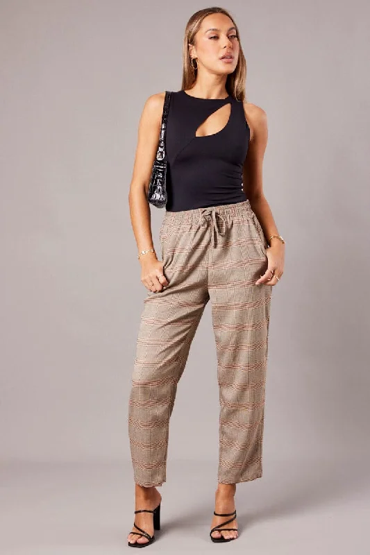 Beige Check Tapered Pants Elasticated Waist Cropped Soft Stretch Trousers