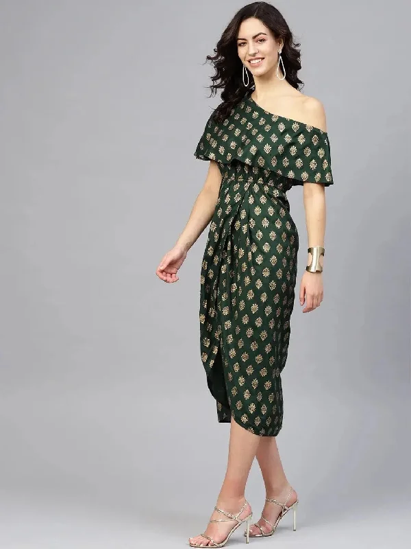 One Shoulder yoke overlap printed dress in Bottle Green Tunics Brand named