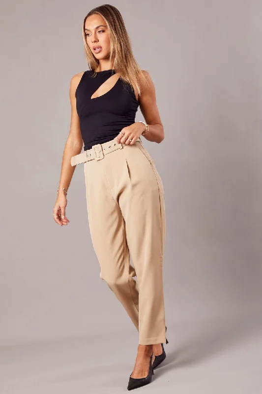 Beige Tapered Pants High Rise Belted Casual Skinny Fit Pants