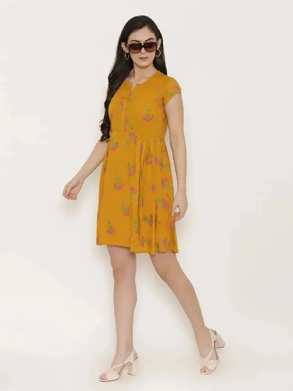 Short Block printed dress with front placket and side gathers in Mustard Tunics Review highly