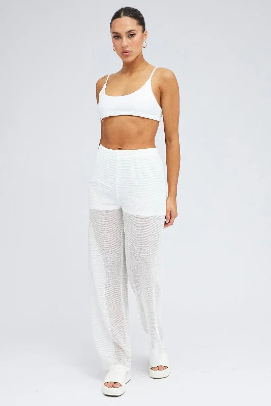 White Wide Leg Pants Elasticated Waist Stylish Slim Trousers