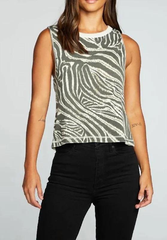 Rib Muscle Tank In Zebra Print cold shoulder tank