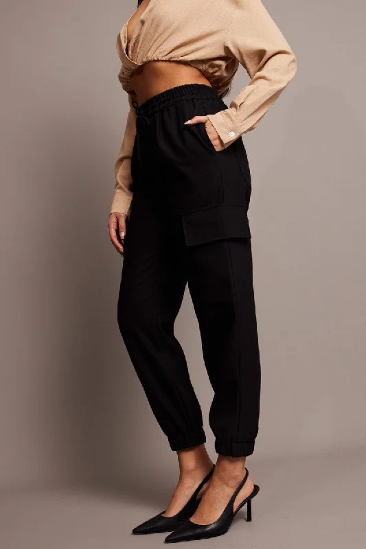 Black Slim Pants Elasticated Hem Elegant Trouser Pants