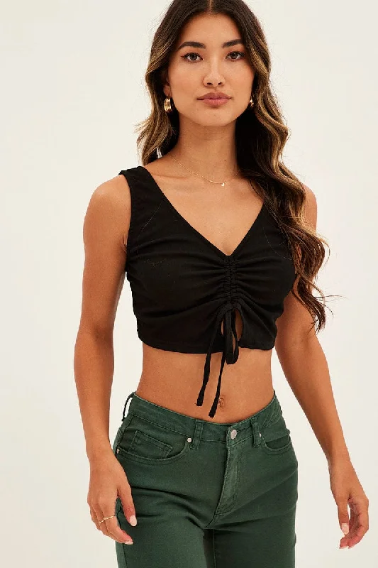 Black Butterfly Tank Drawstring Front Crop halter tank top