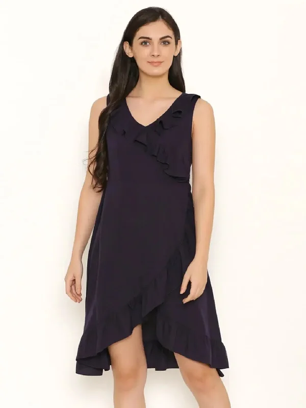 Overlap Dress with frill at neck and hem in Purple Tunics Recommended stylist