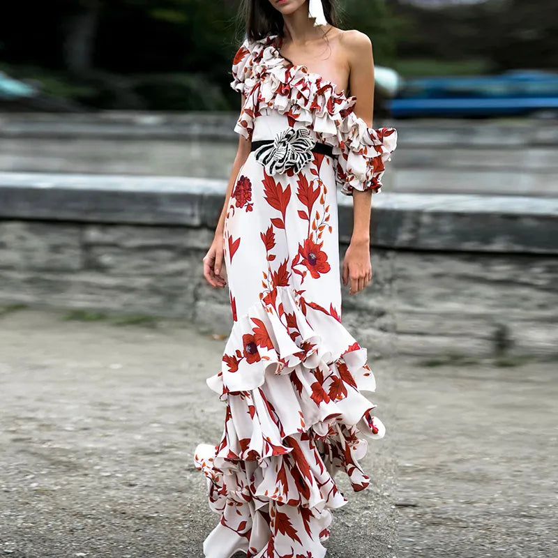 Wjczt HIGH STREET New Summer 2024 Fashion Women's Elegant Cascading Ruffles Floral Print Slash Neck Beach Holiday Maxi Long Dress Tunics Top rated