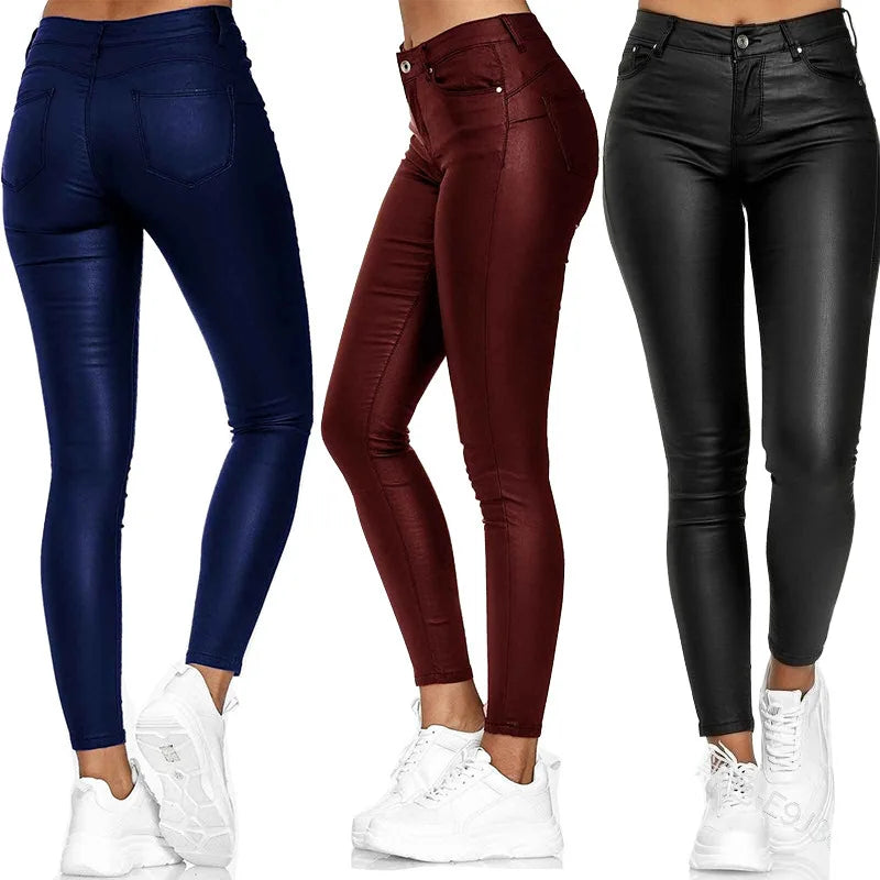 Women's High Waist PU Leather Pencil Pants – Elastic, Skinny Modern Stretch Trousers