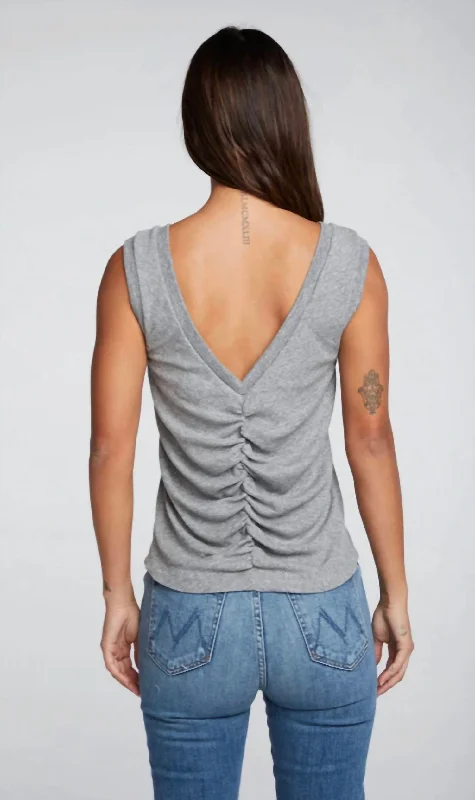 Triblend Rib Shirred Back V Muscle Tank In Streaky Grey cotton tank top