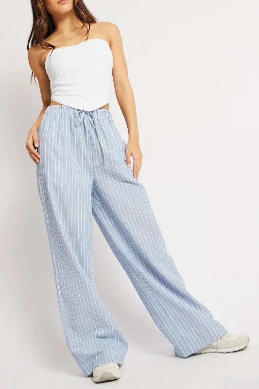 Blue Stripe Wide Leg Pants Mid Rise Wide-Legged Palazzos