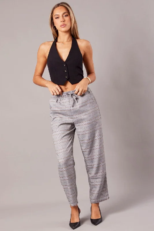 Grey Check Tapered Pants Elasticated Waist Cropped Soft Stretch Pants