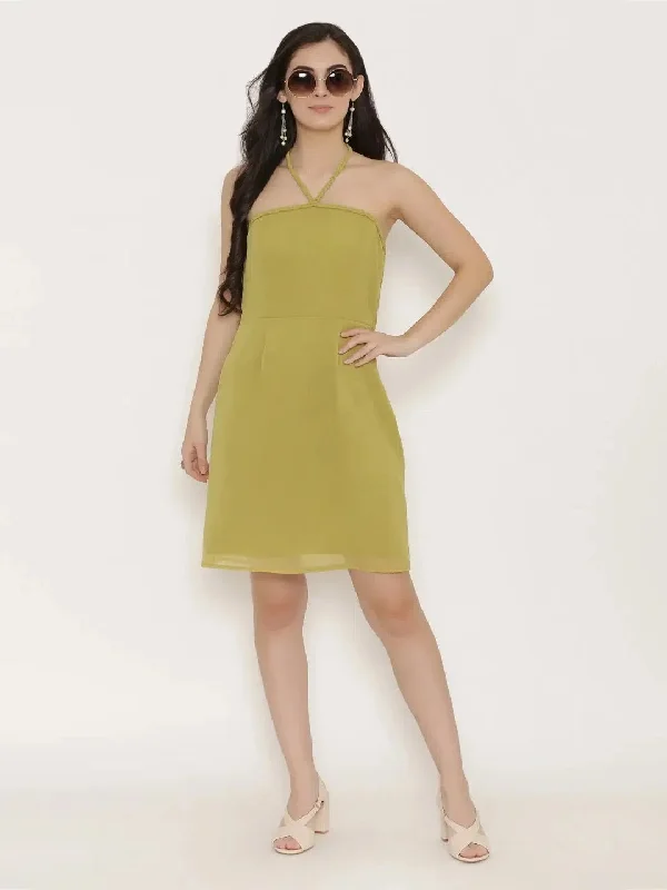 Short braid neckline Dress in Olive Green Tunics Chic fashionable