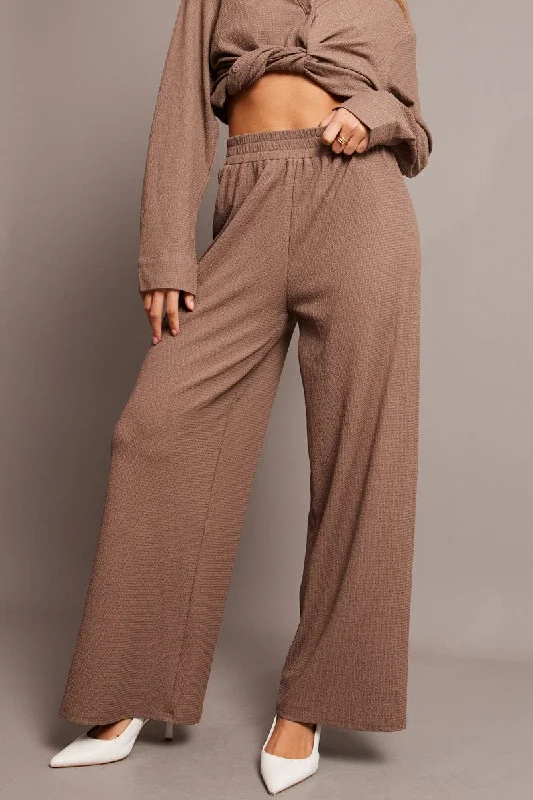 Brown Wide Leg Pants Elasticated Waist Cozy Knit Pants