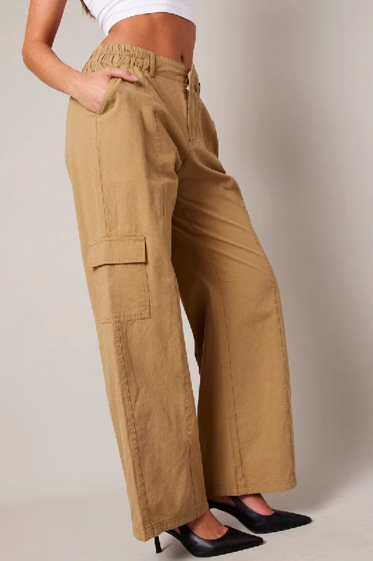 Beige Cargo Pants Mid Rise Formal Wide-Leg Pants