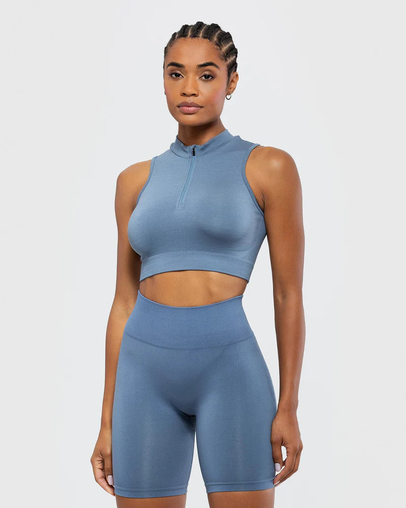 DEFINE SEAMLESS HALF ZIP CROP TANK | SMOKE BLUE long tank top