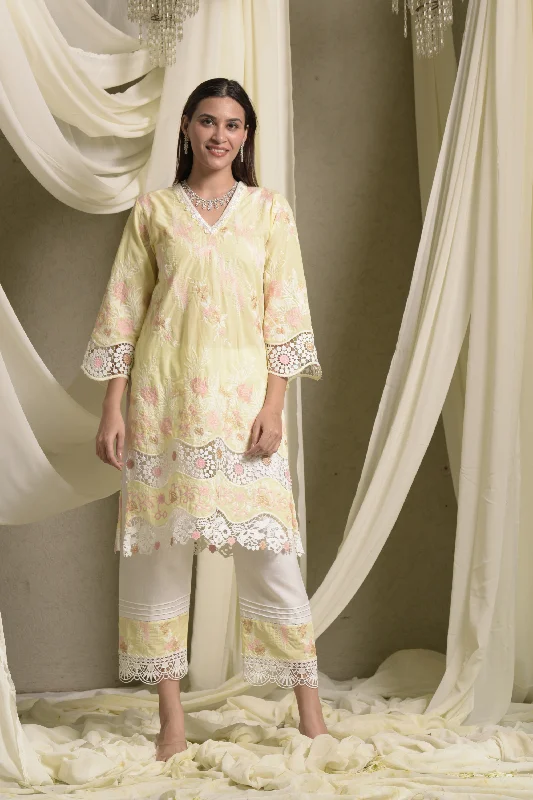 Myra Mesh Floral Lace Kurta With Pant - Yellow Trendy Wide-Leg Pants