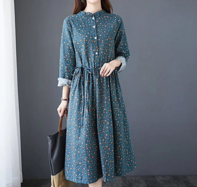 Wjczt New 2022 Autumn Women's Dress Floral Print Casual Loose Fashion Cotton Linen Long Sleeve Elegant Ladies Dresses Blue Yellow Tunics Travel practical